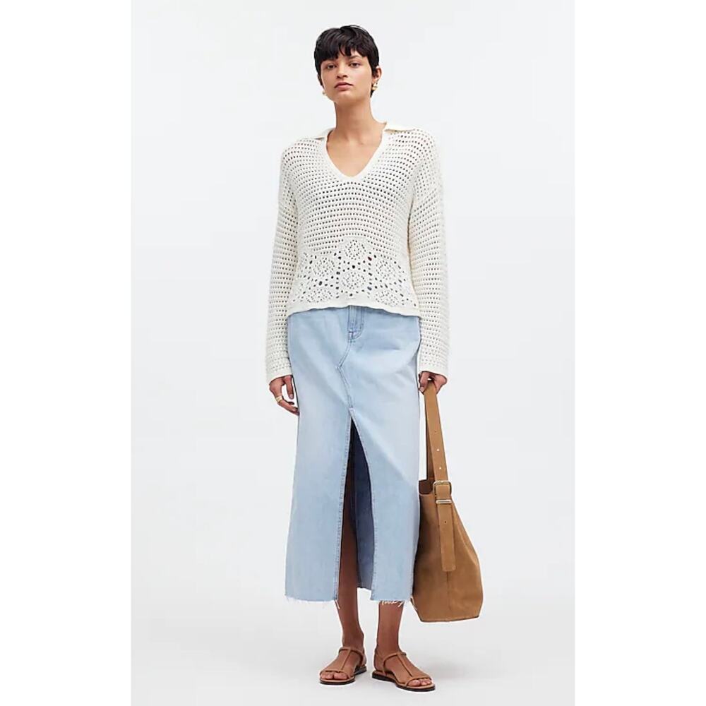 Madewell Crochet Polo Sweater Bright Ivory White XXS NWT
